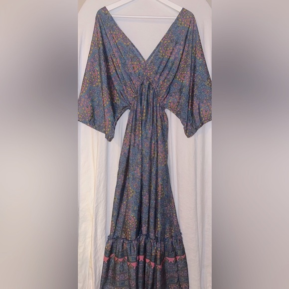 SILK MAXI DRESS | 100% VINTAGE SILK | WOMEN’S ONE SIZE | PINK TASSELS | BLUE - Picture 3 of 8
